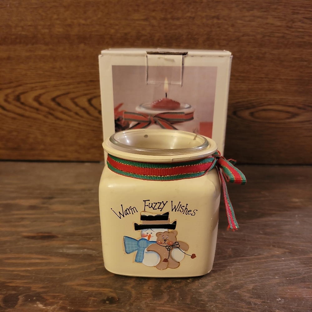 Votive Holiday Winter Candle Holder Jar Warm Fuzzy Wishes Country Decor Distress